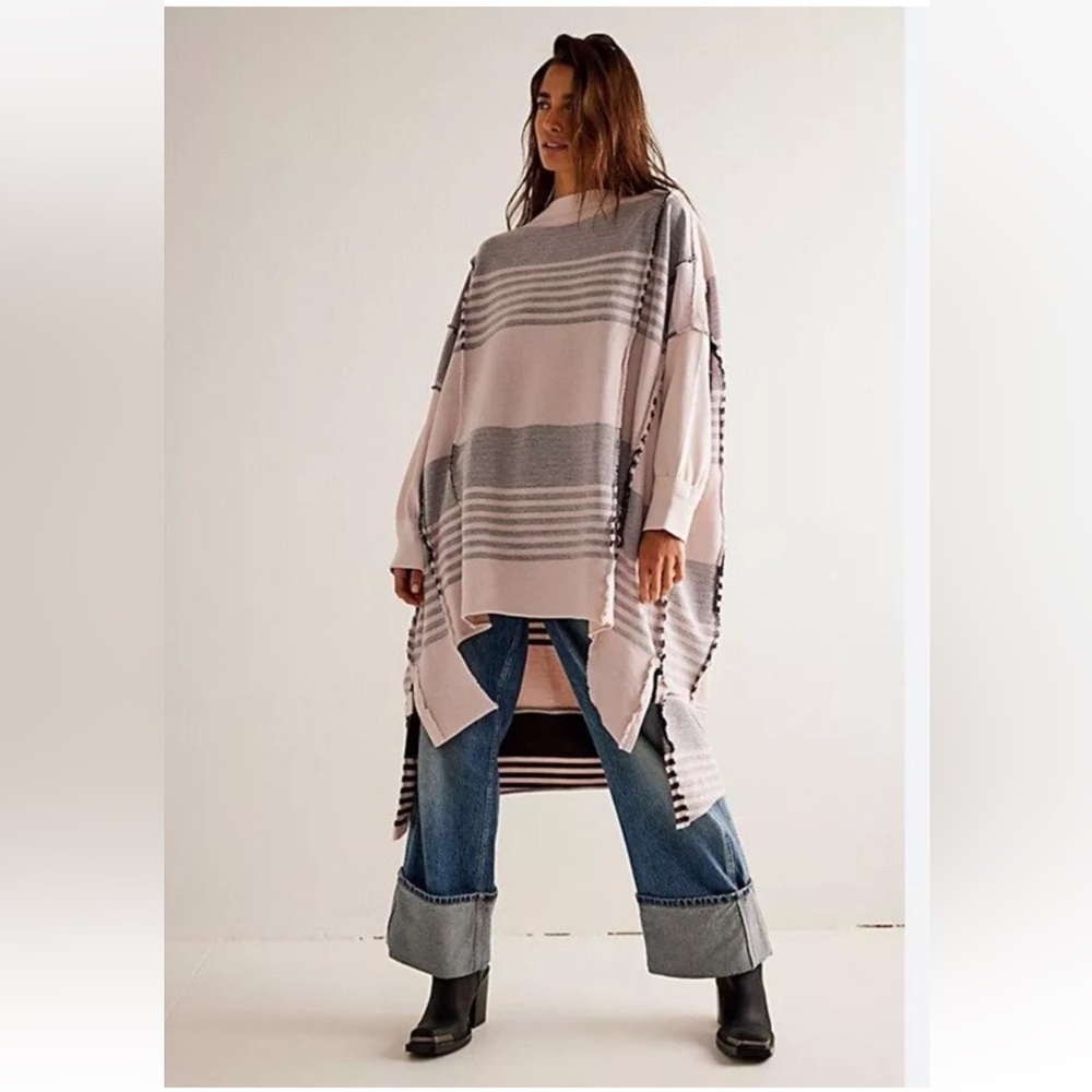 Free People Off The Shelf Maxi Top Sweatshirt Reversible Slits Mauve Chalk